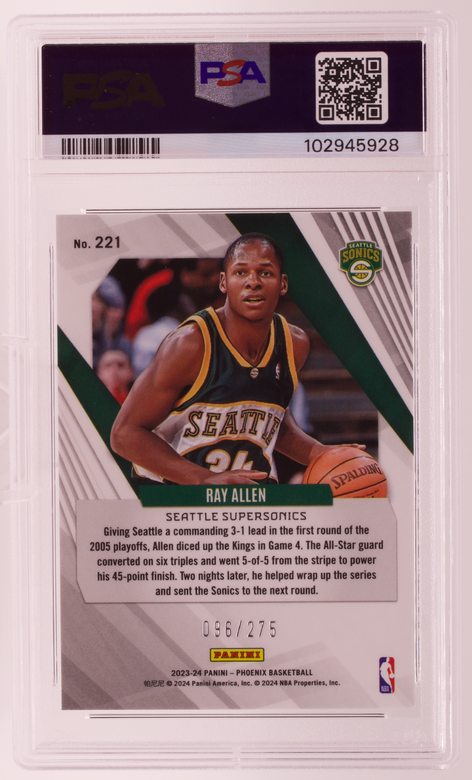 2023-24 Panini Phoenix Ray Allen #221 Maroon Ice /275 PSA 7 Seattle SuperSonics