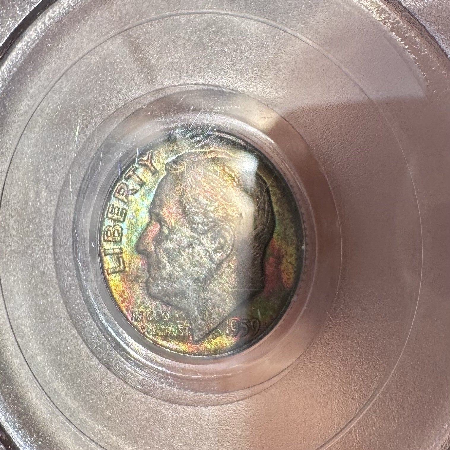 1959-D Roosevelt Dime PCGS MS66 • Deep Rainbow Toning • Toned 10C Coin