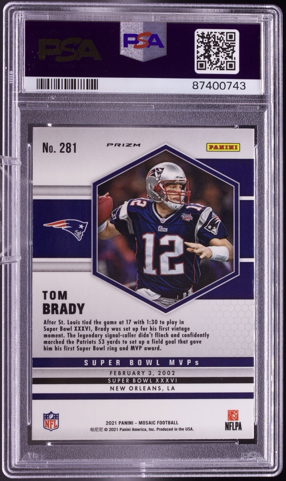 2021 Panini Mosaic Tom Brady Reactive Blue Super Bowl MVPs #281 PSA Gem Mint 10