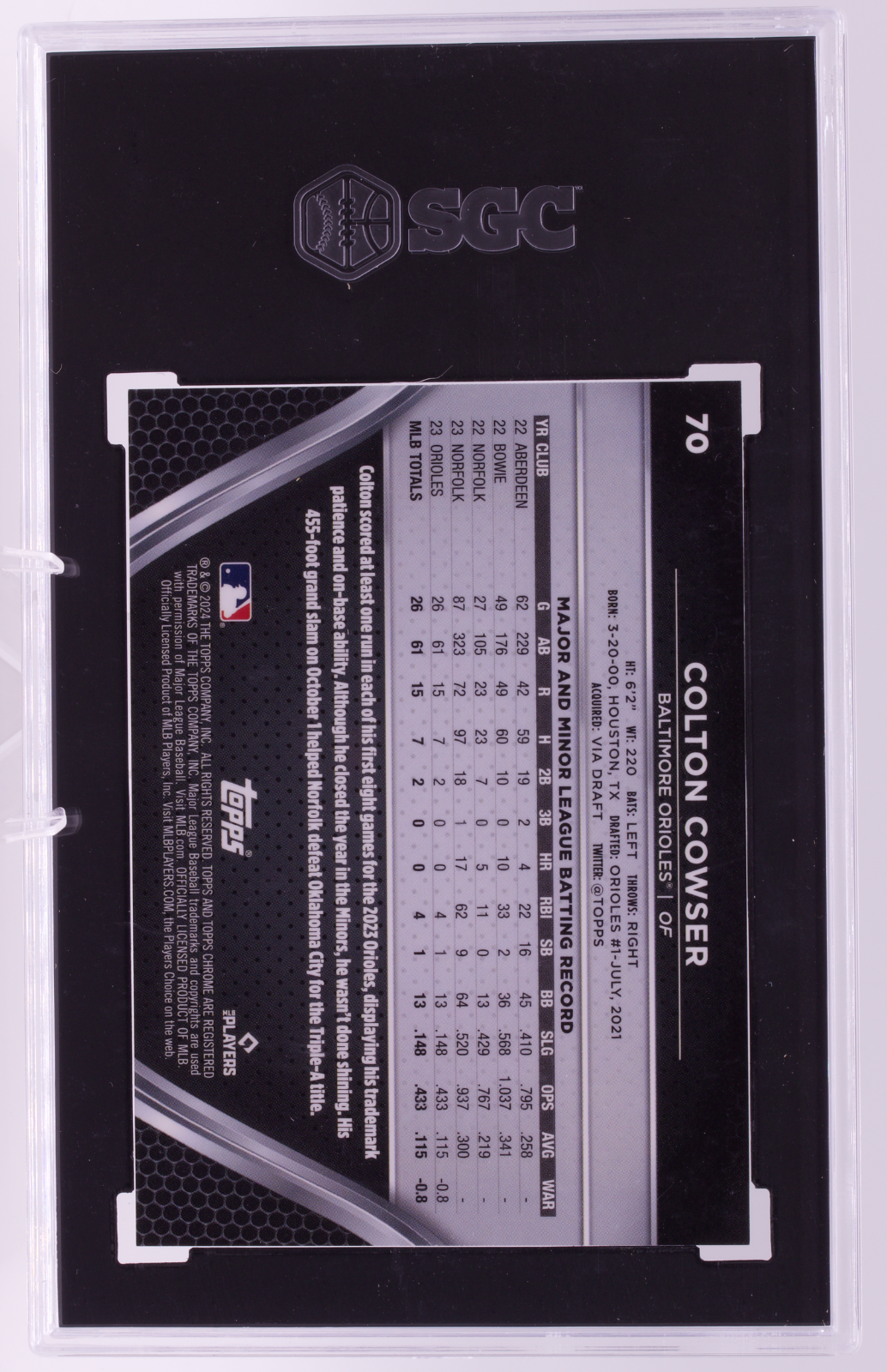 2024 Topps Chrome Black Colton Cowser RC Green Refractor 1/99 SGC 10
