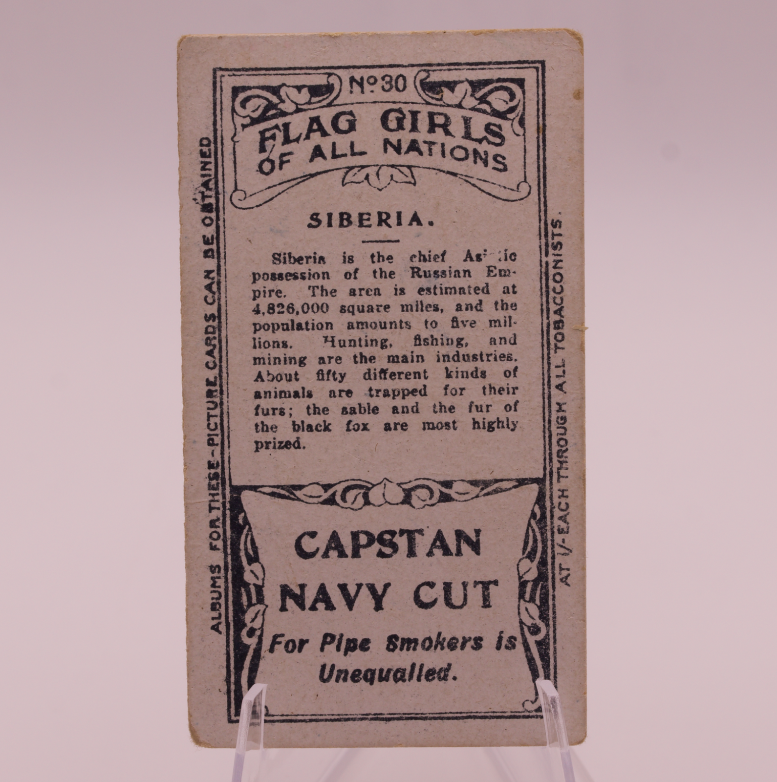 1908 Wills Flag Girls of All Nations #30 SIBERIA Capstan Navy Cut Tobacco Card