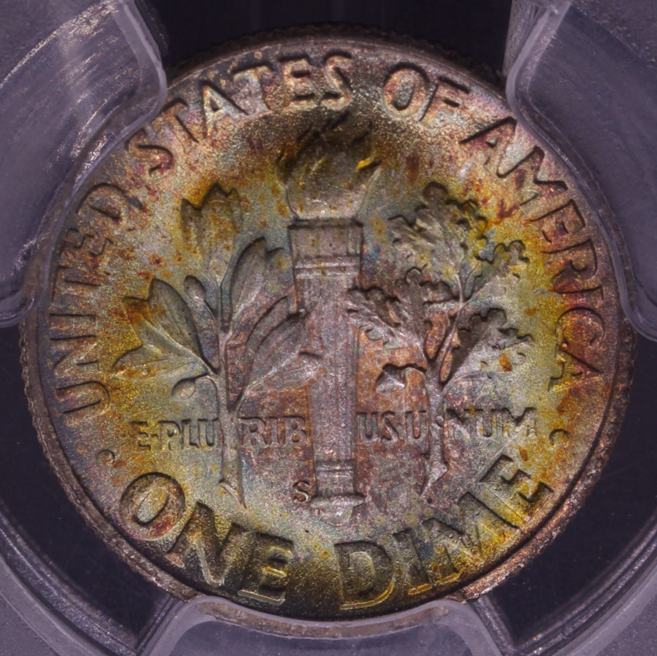 1946-S Roosevelt Dime PCGS MS67+ FB Full Bands Rainbow Toned 10C Silver Coin