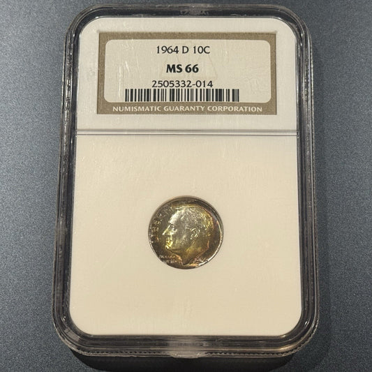 1964-D Roosevelt Dime MS66 NGC • Rainbow Toned • Final Year of 90% Silver