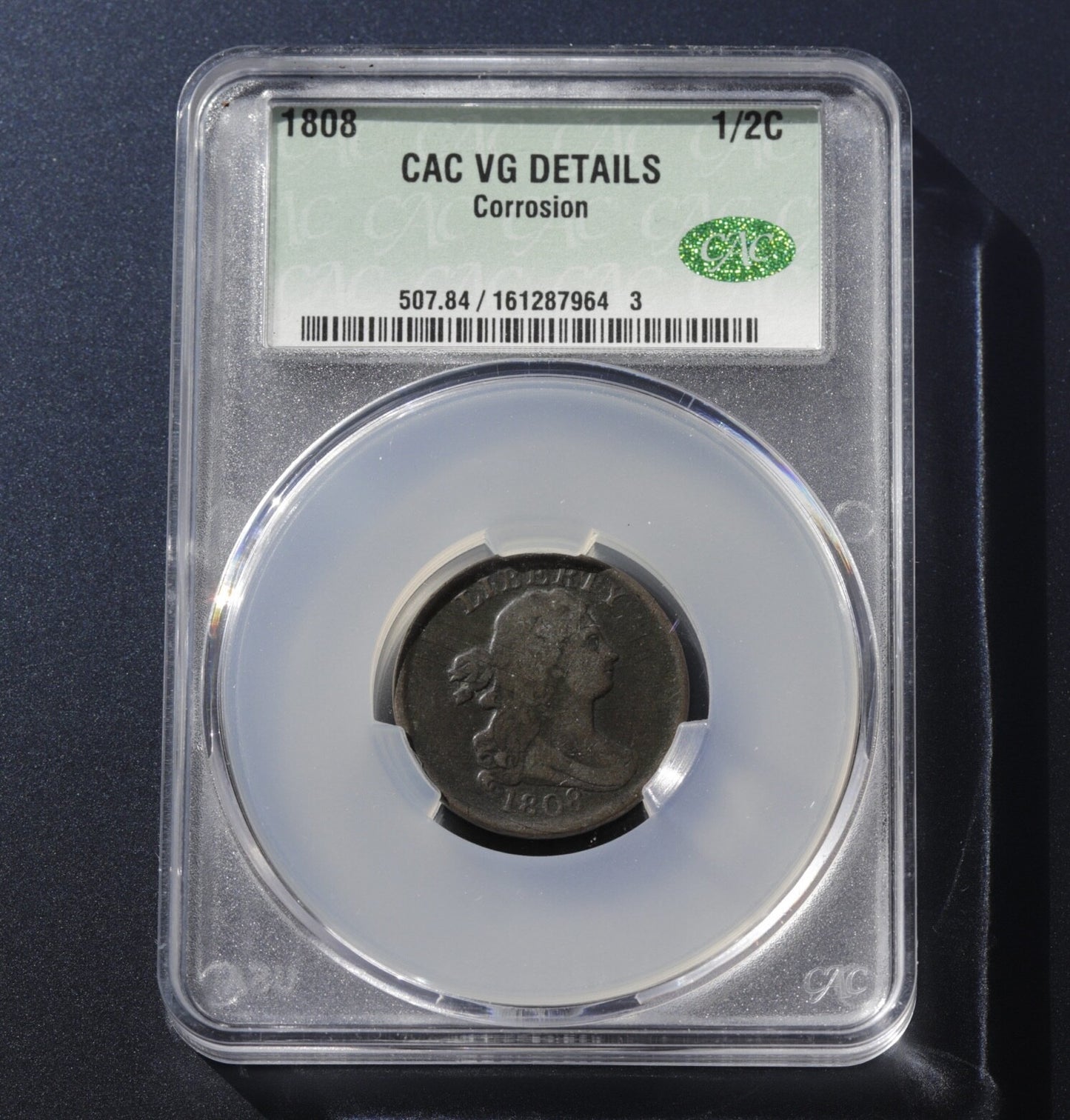 1808 Draped Bust Half Cent CAC VG Details Corrosion Early US Copper Coinage
