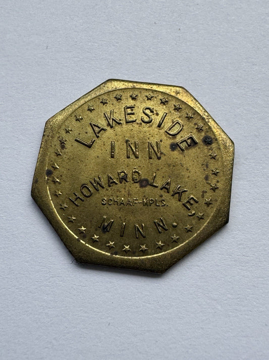 Lakeside Inn Howard Lake MN 5¢ Decagon Trade Token VF-XF Brass Vintage Bar Coin