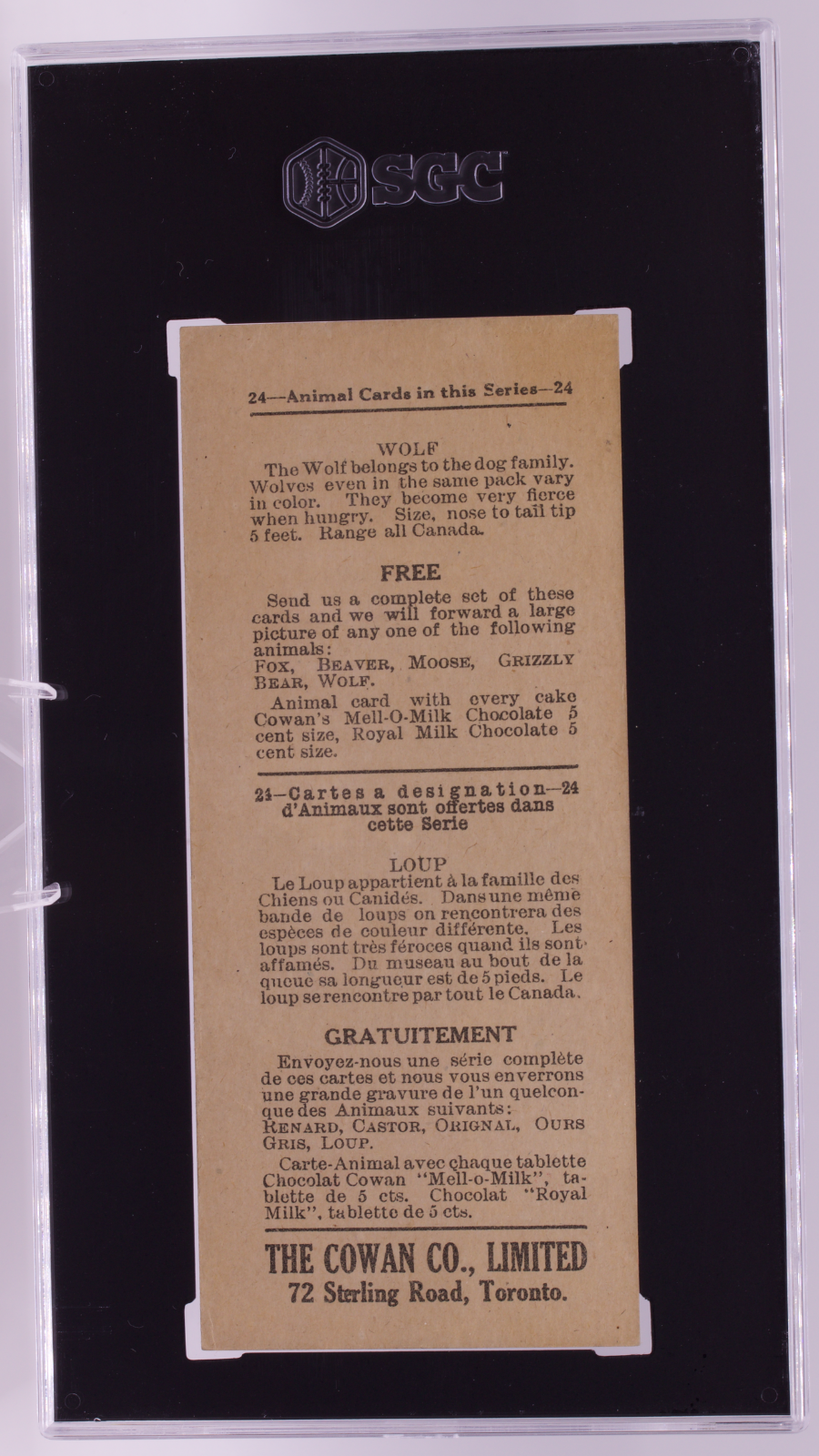 1920 Cowan Co V2 Animal Cards #10 Wolf SGC 1.5 FR Canadian Chocolate