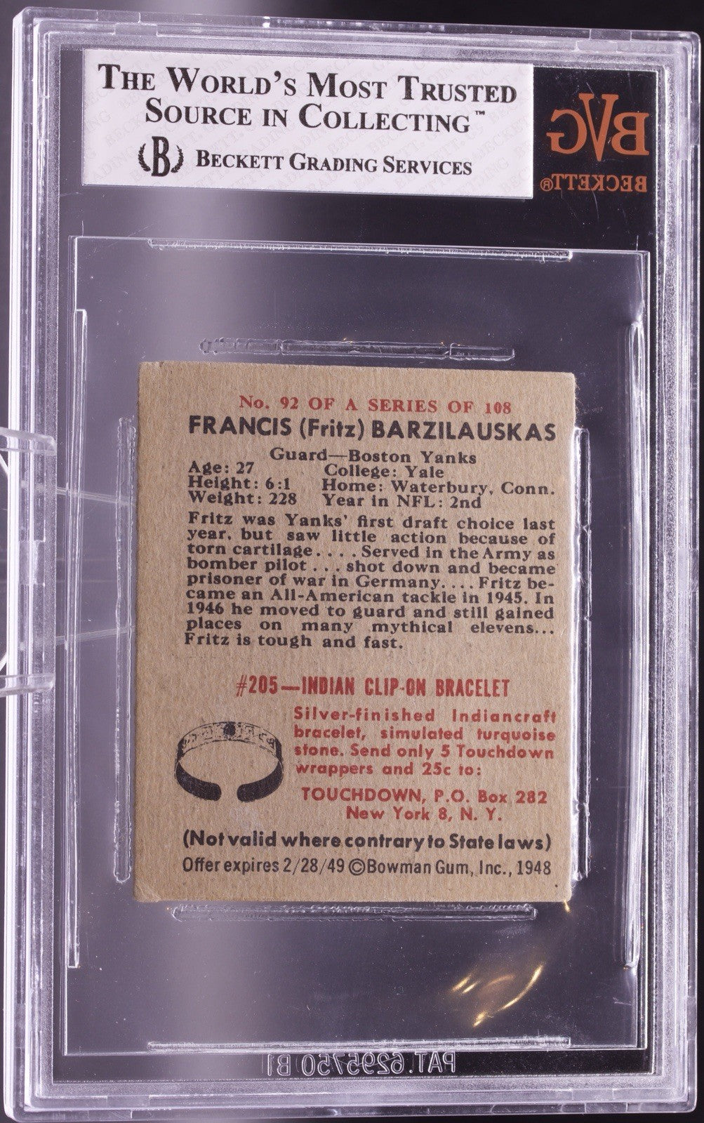 1948 Bowman #92 Frank Barzilauskas Yanks BVG 4 VG-EX Football Card