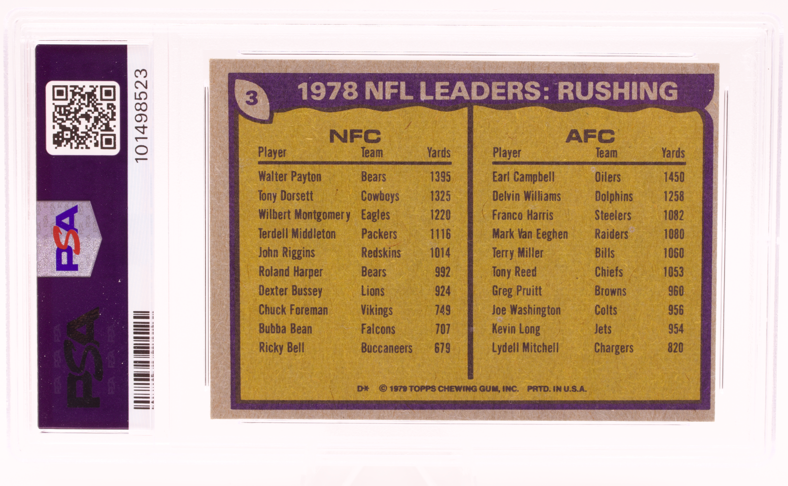 1979 Topps Rushing Leaders Walter Payton Earl Campbell #3 PSA 7 NM Bears HOF