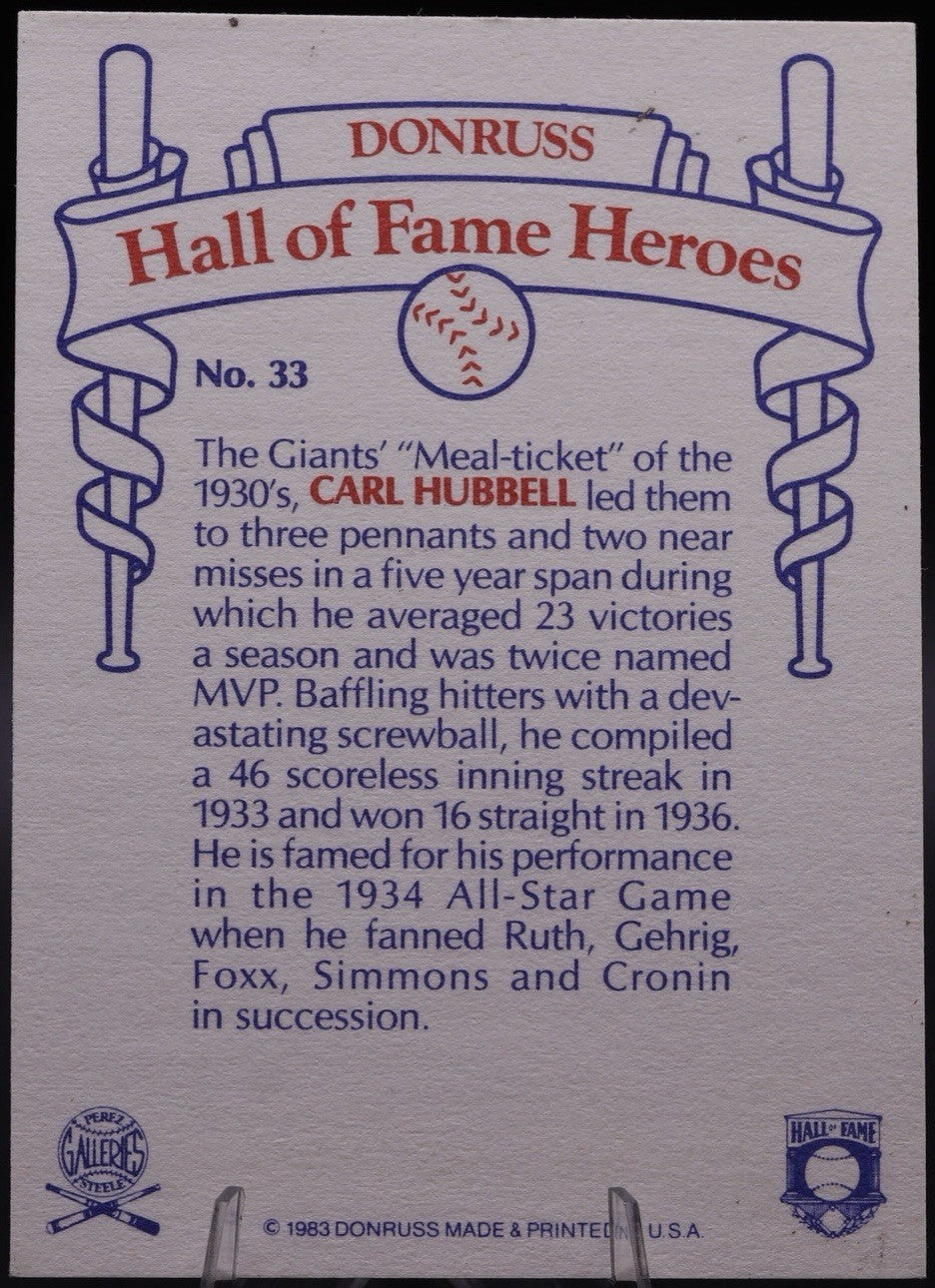 CARL HUBBELL Signed Autograph AUTO 1983 Donruss Hall of Fame Heroes #33