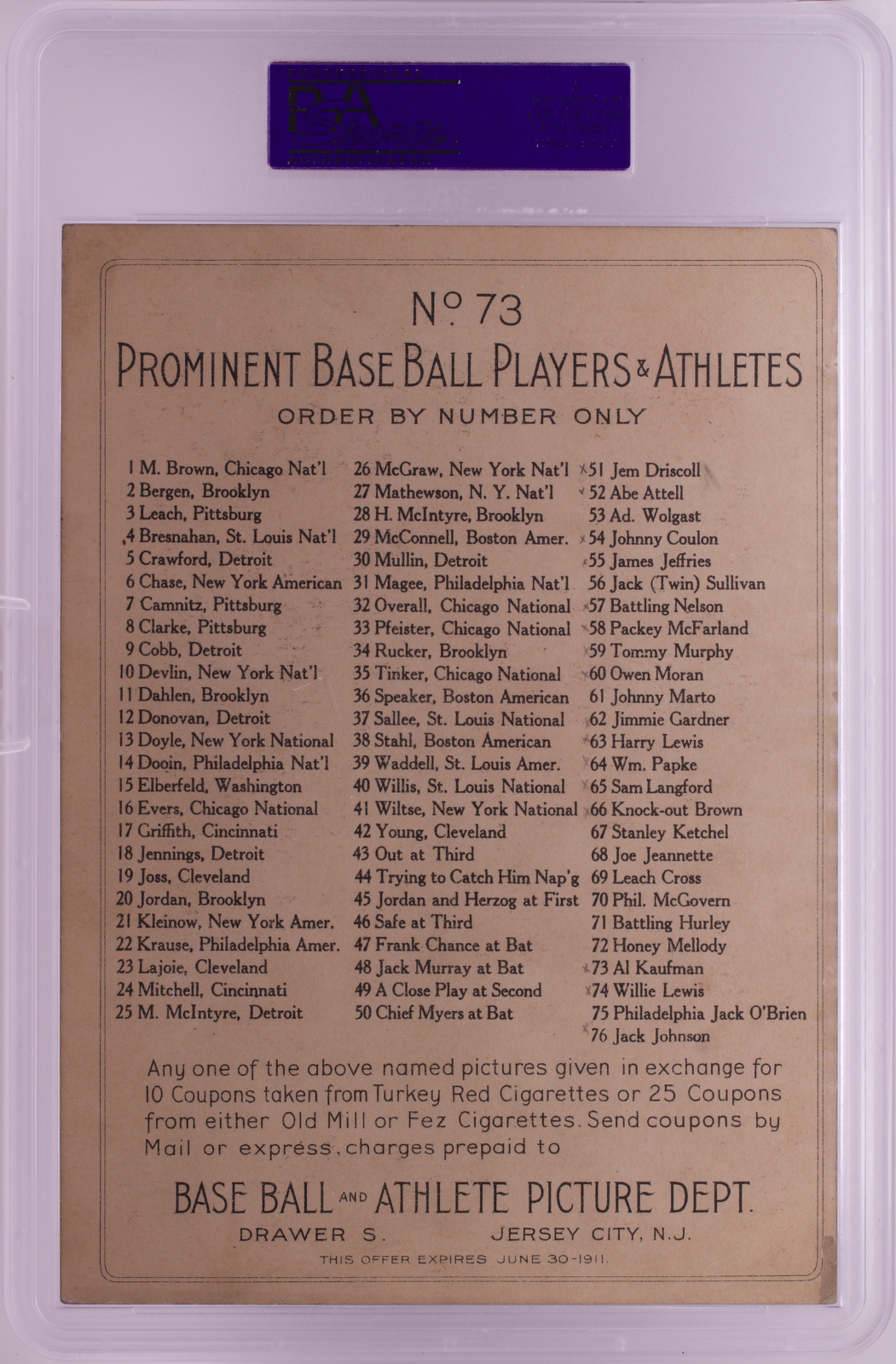 1911 T9 Turkey Red Al Kaufman PSA 4 (MK) Boxing Cabinet Checklist Back #73