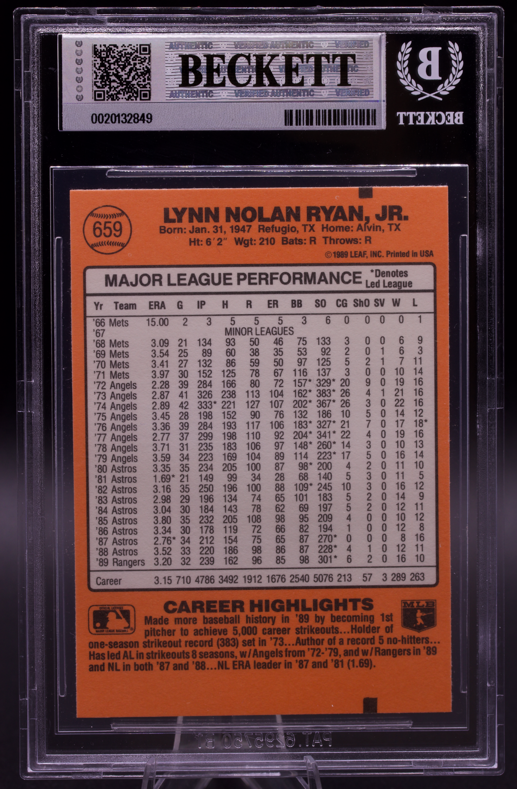 1990 Donruss Nolan Ryan #659 5000K New BGS Holder 9 Mint Texas Rangers HOF