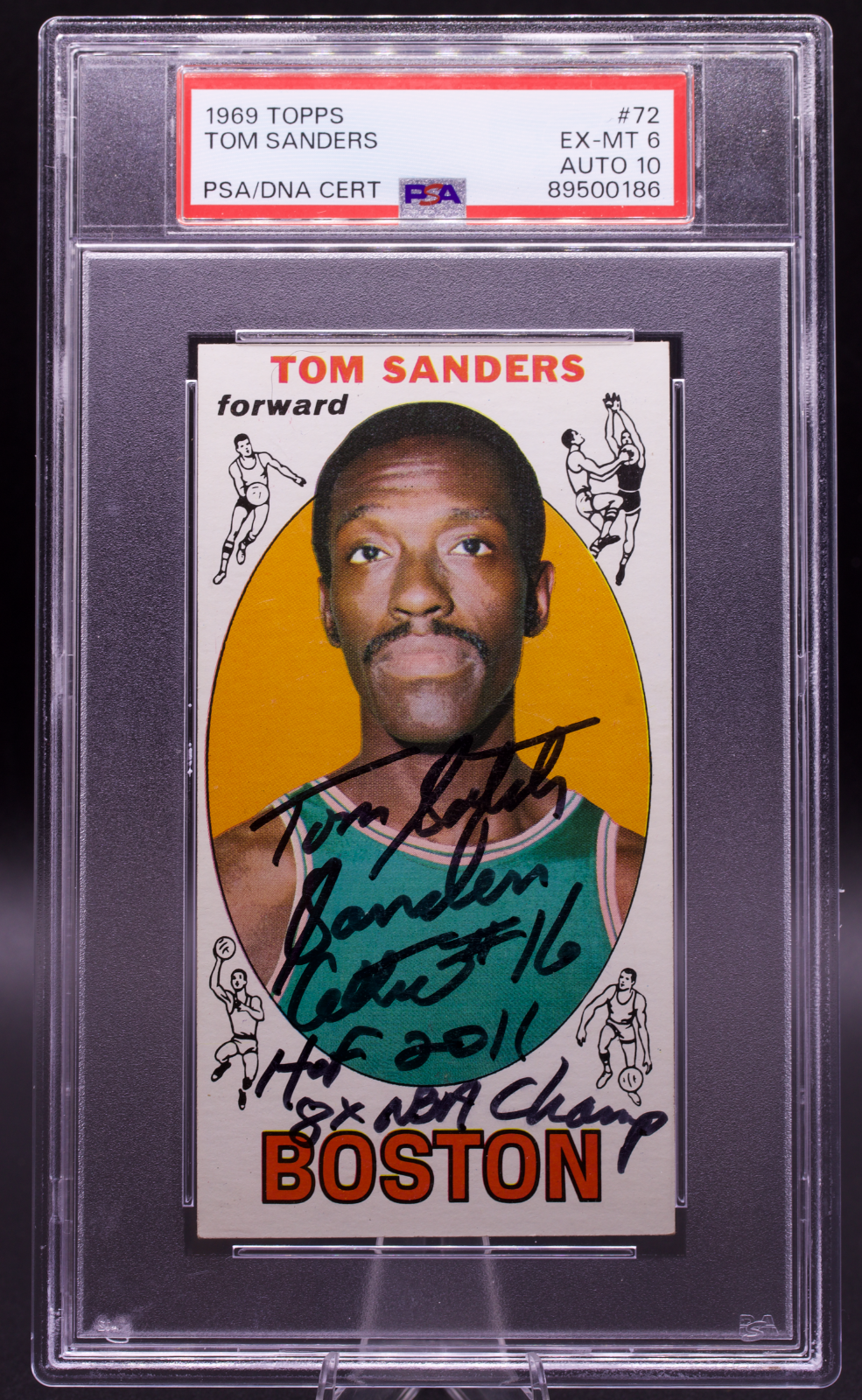 1969 Topps Tom Sanders #72 PSA 6 AUTO 10 Signed Inscribed Celtics Champ HOF