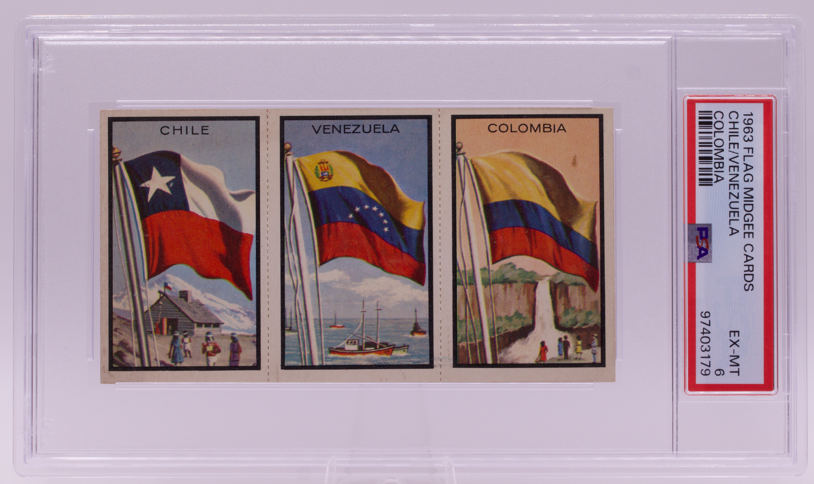 1963 Flag Midgee Cards Chile Venezuela Colombia PSA EX-MT 6 Strip