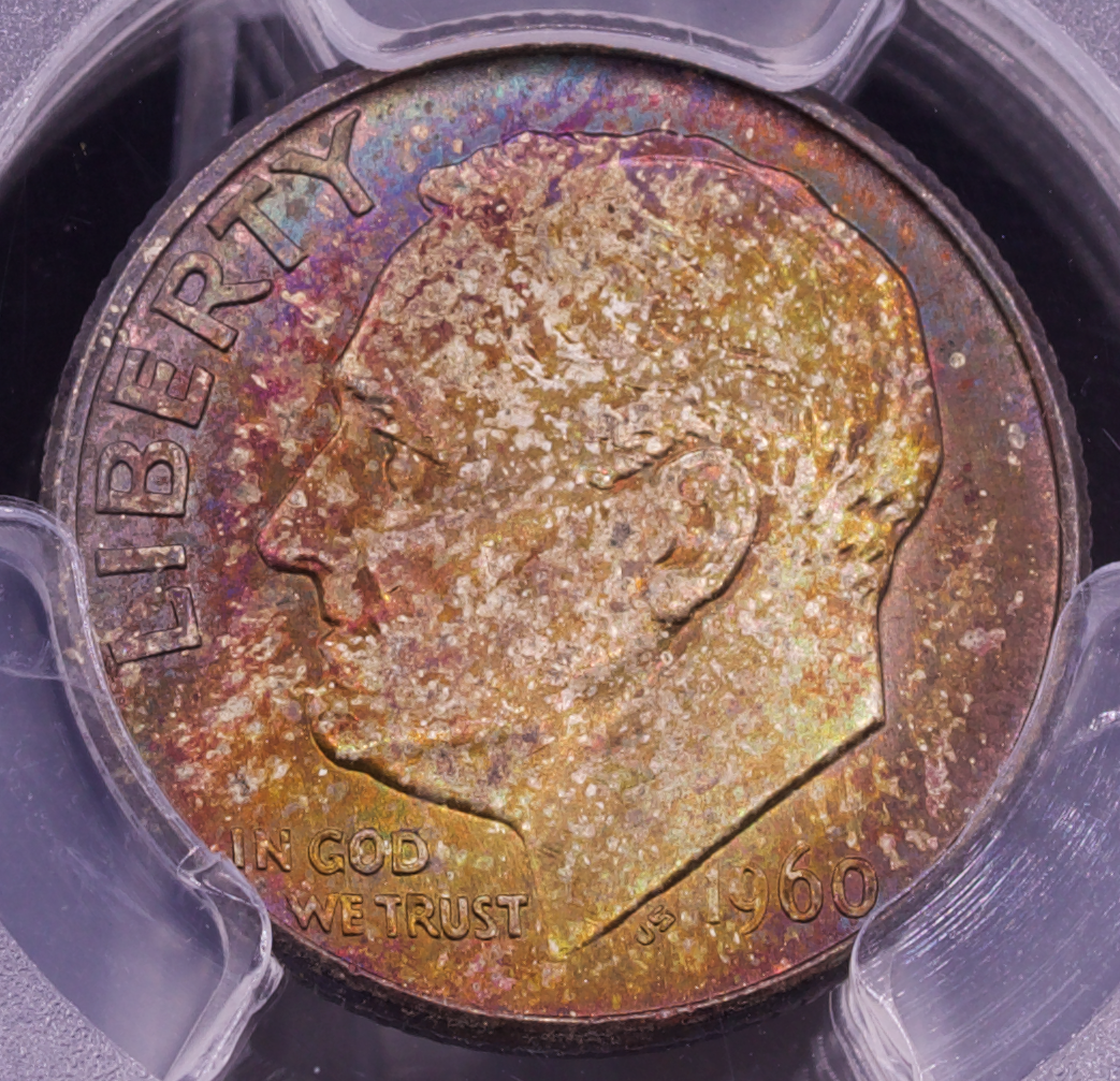 1960-D Roosevelt Dime PCGS MS66 • Full Rainbow Toning • Toned 10C Coin