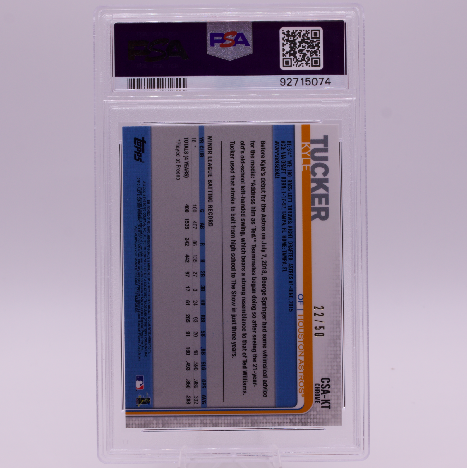 2019 Topps Chrome Sapphire Kyle Tucker Rookie Auto Green Refractor PSA 9 /50