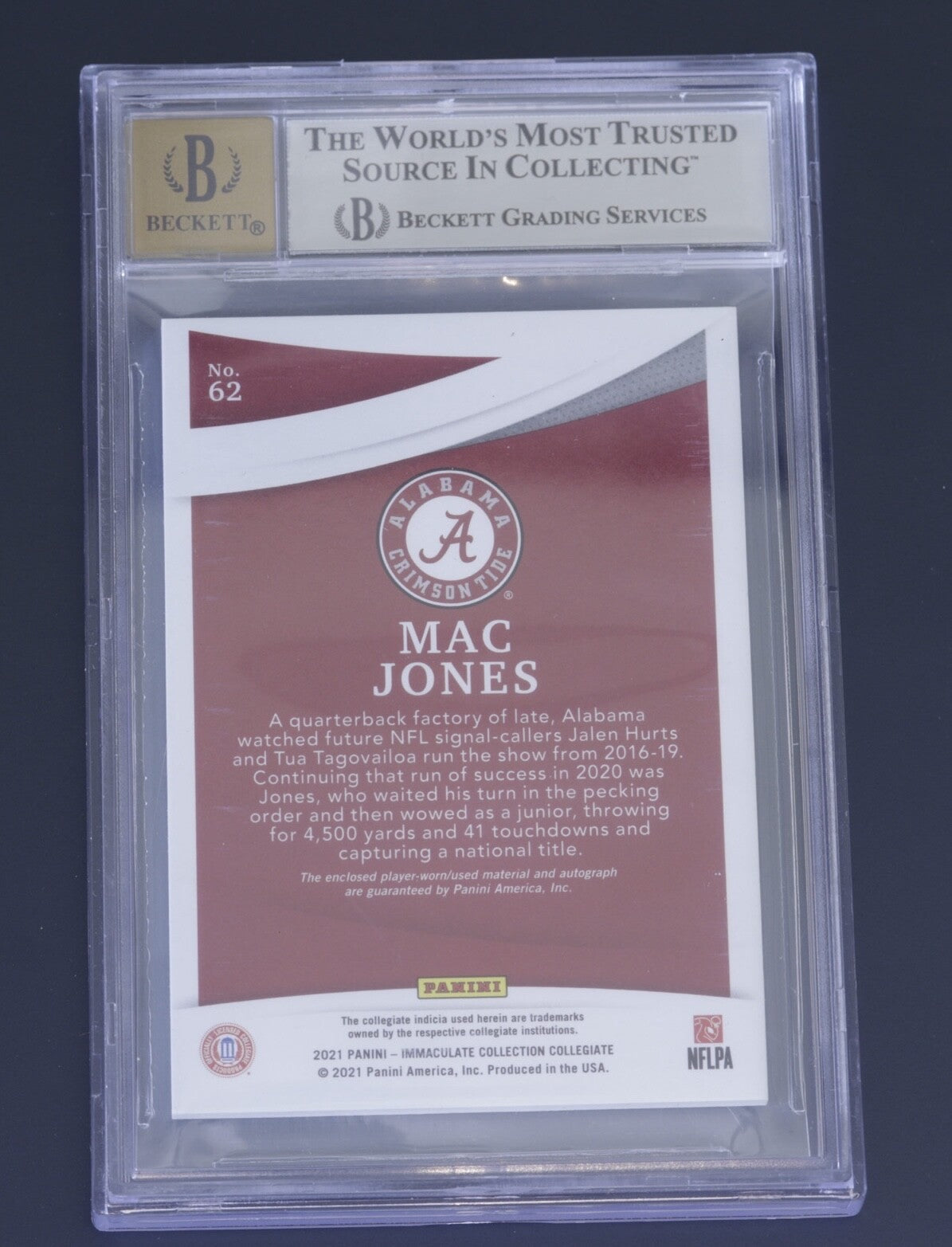 2021 Immaculate Collegiate Mac Jones RPA 79/99 BGS Mint 9 Auto 10 Patch #62