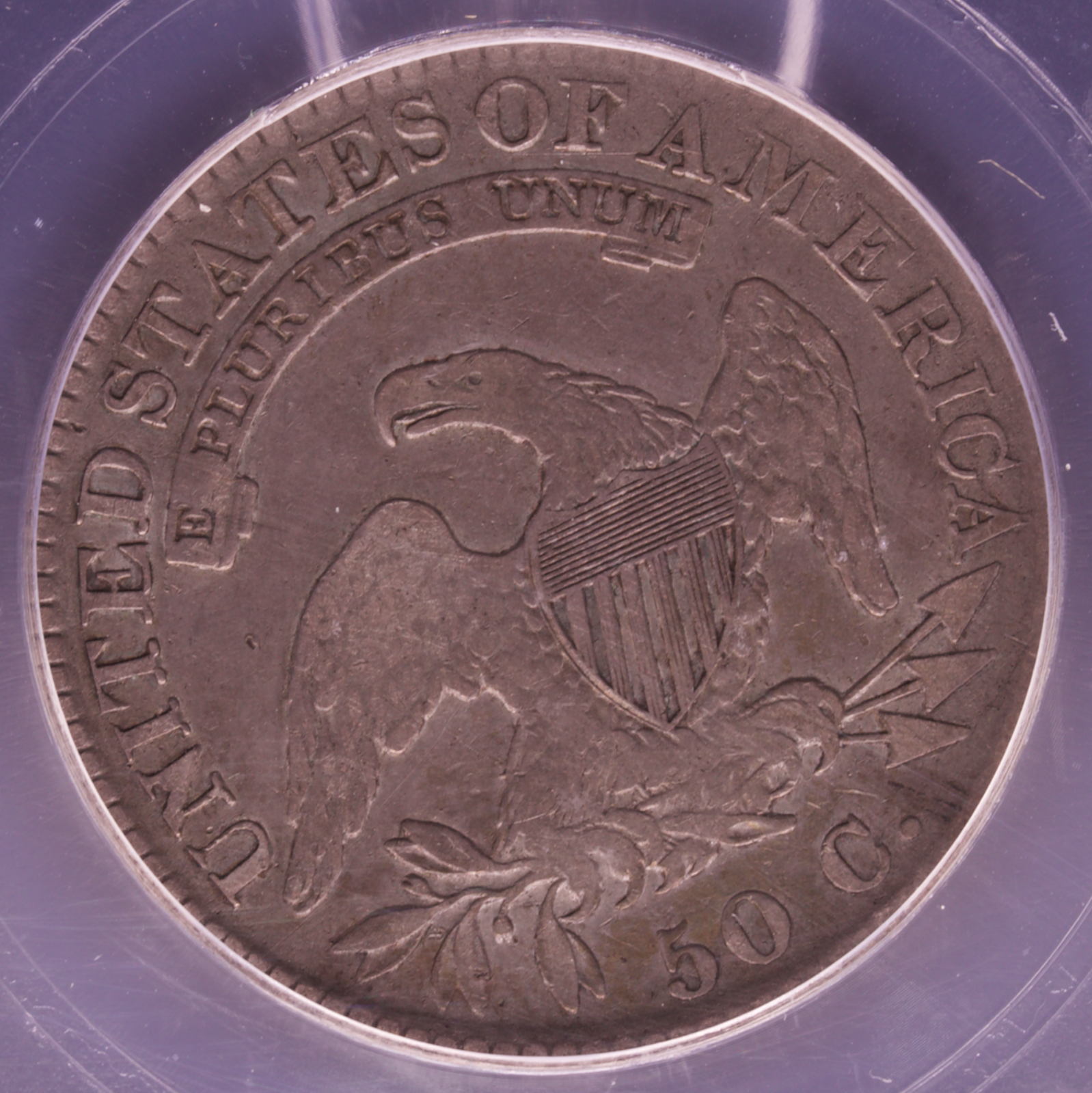 1821 Capped Bust Half Dollar 50C Dramatic Planchet Flaw Mint Error ICG Fine 15