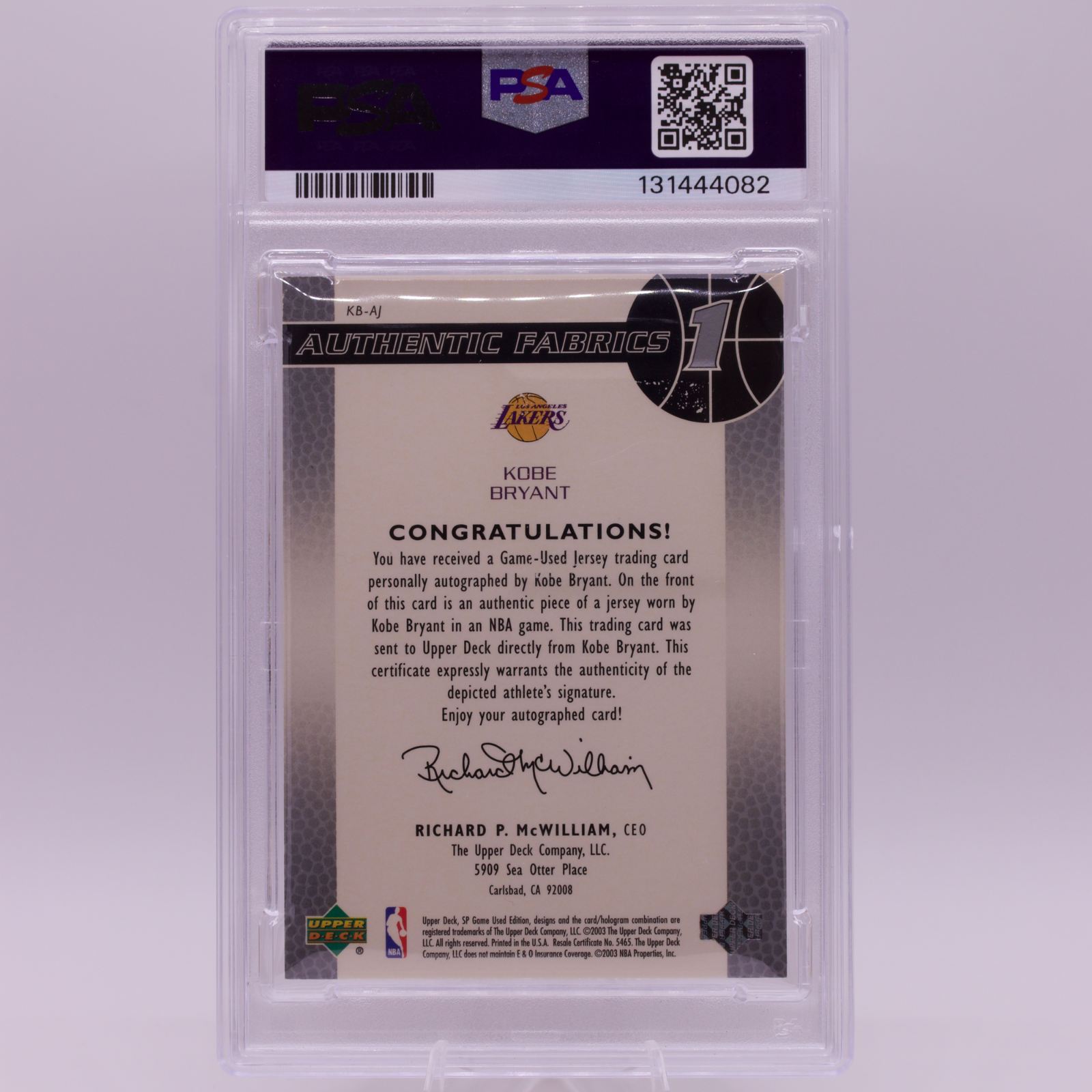 2003 SP Game Used Kobe Bryant Authentic Fabrics Patch Auto /100 PSA 6
