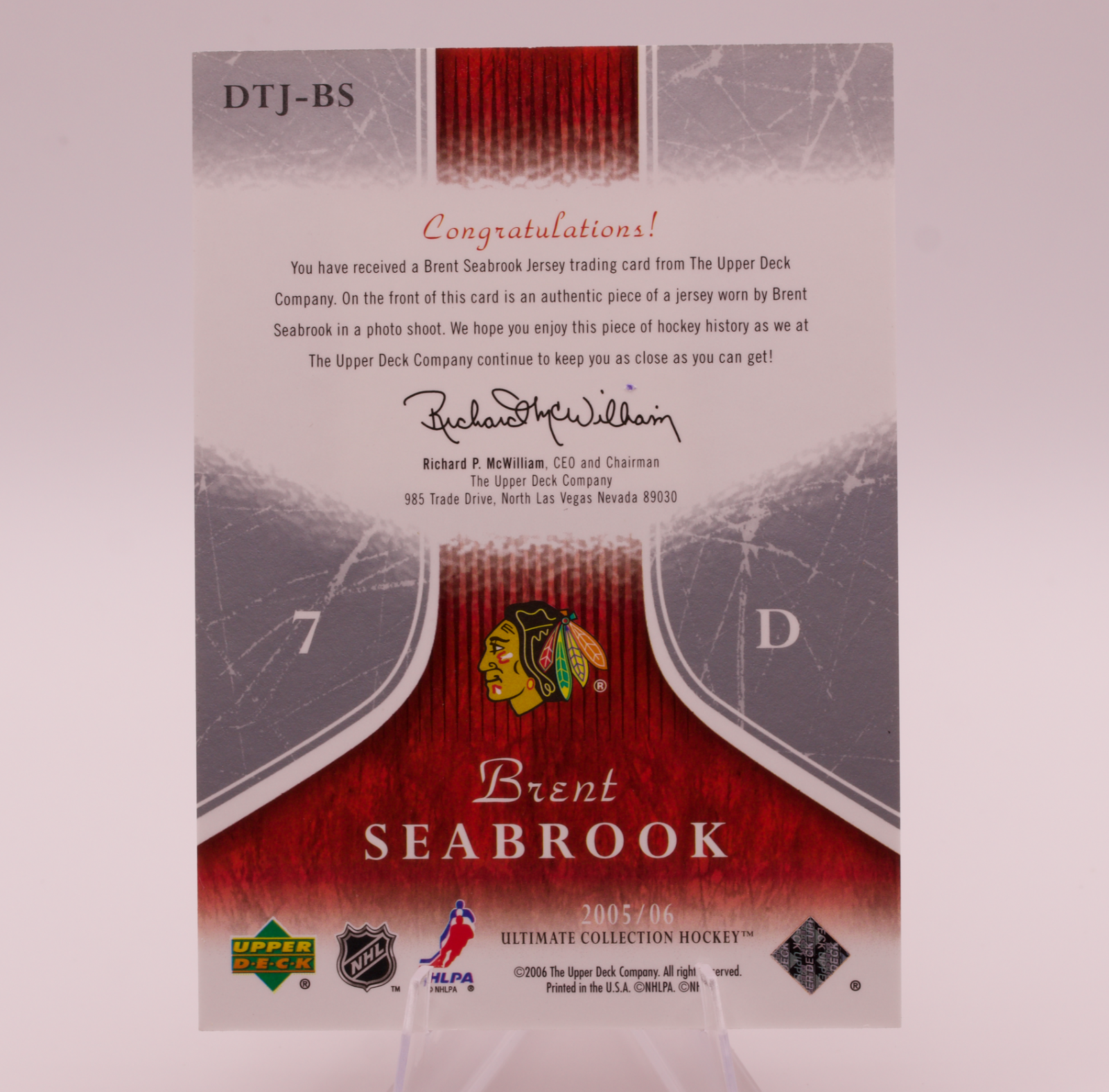 2005-06 Upper Deck Ultimate Collection Brent Seabrook Debut Threads Jersey /250