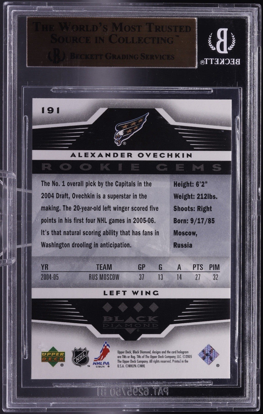 2005-06 Black Diamond Alexander Ovechkin Rookie Quad #191 BGS 9.5 Gold Label