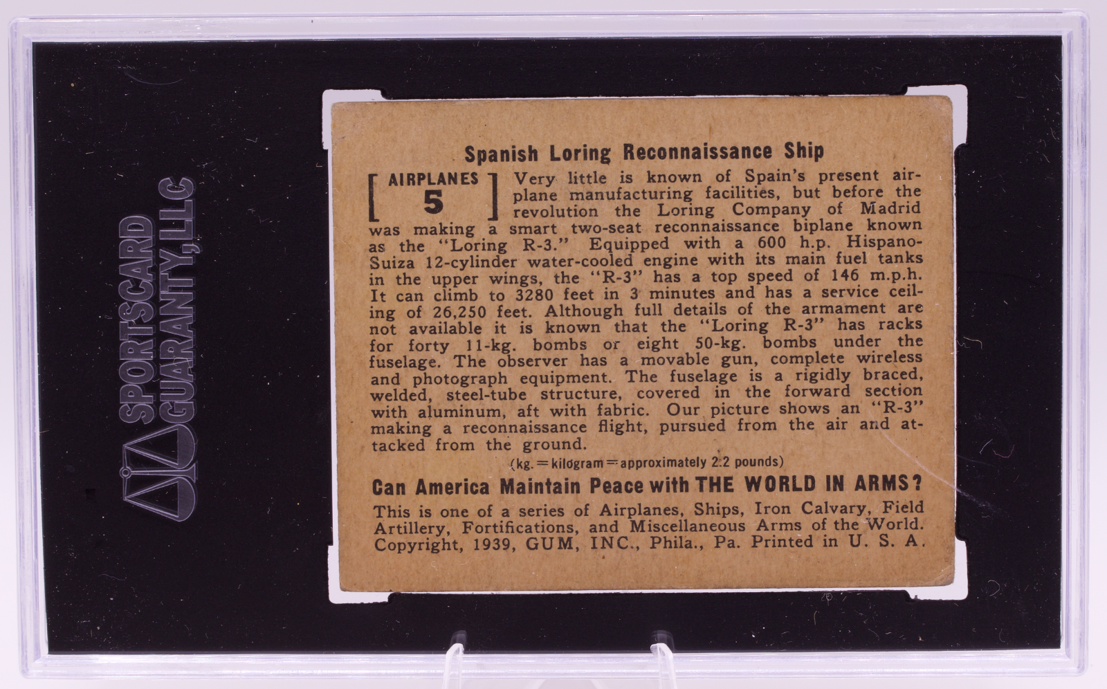 1939 Gum Inc #5 Spanish Loring Reconnaissance World in Arms SGC 3
