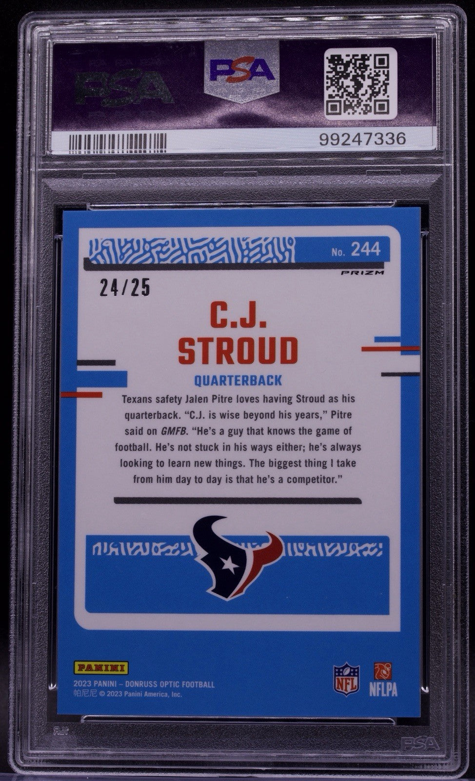 2023 Donruss Optic CJ Stroud Black Pandora Prizm Rated Rookie /25 #244 PSA 9