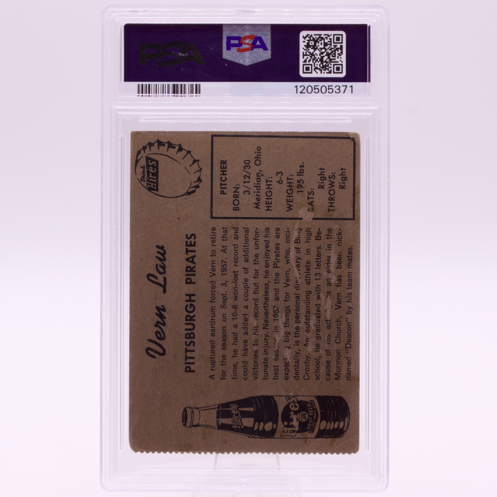 1958 Hires Root Beer Test Set No Tab Vern Law PSA 1 Pirates 1960 Cy Young Rare
