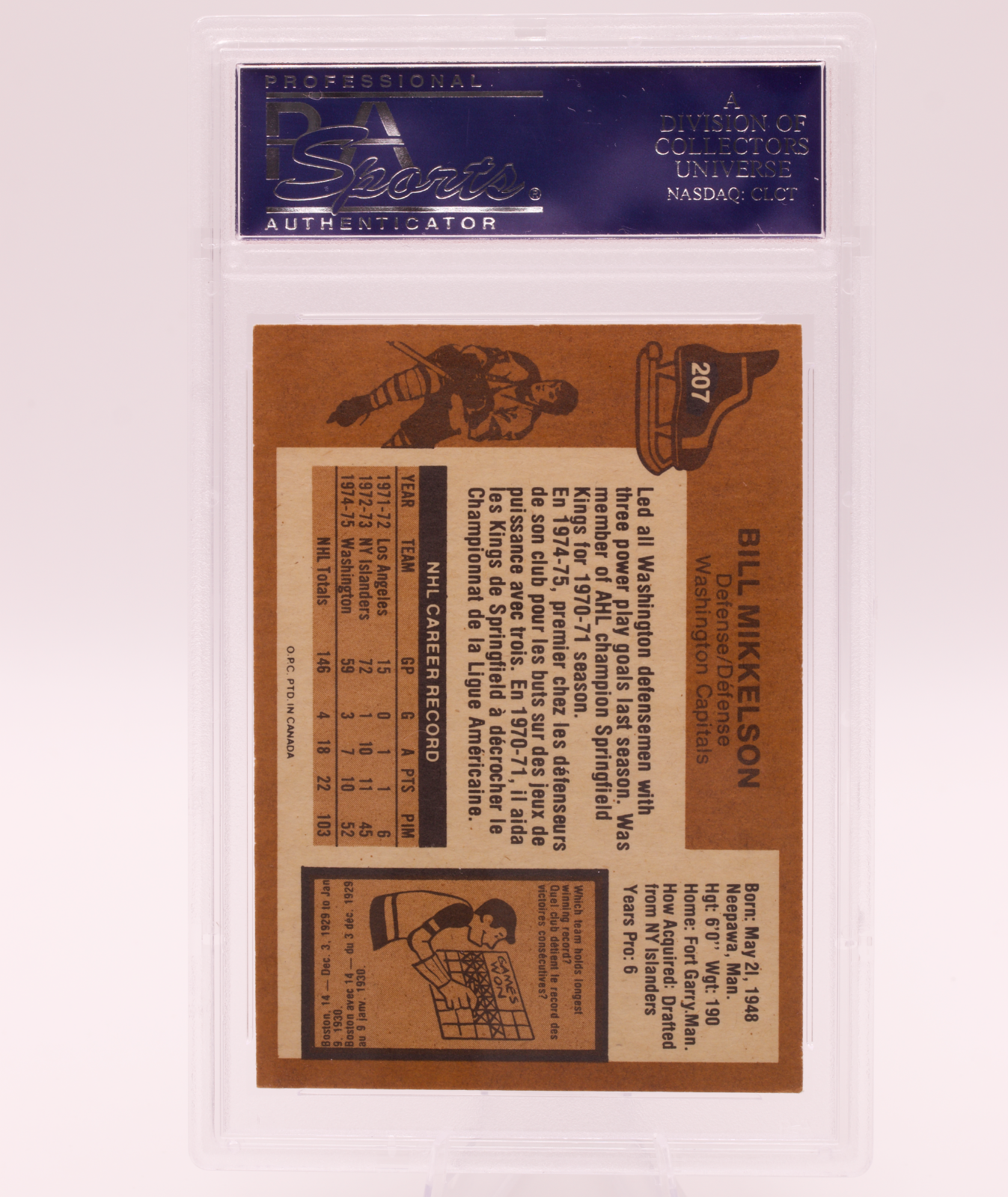 1975 O-Pee-Chee #207 Bill Mikkelson PSA 8 NM-MT Washington Capitals Defense