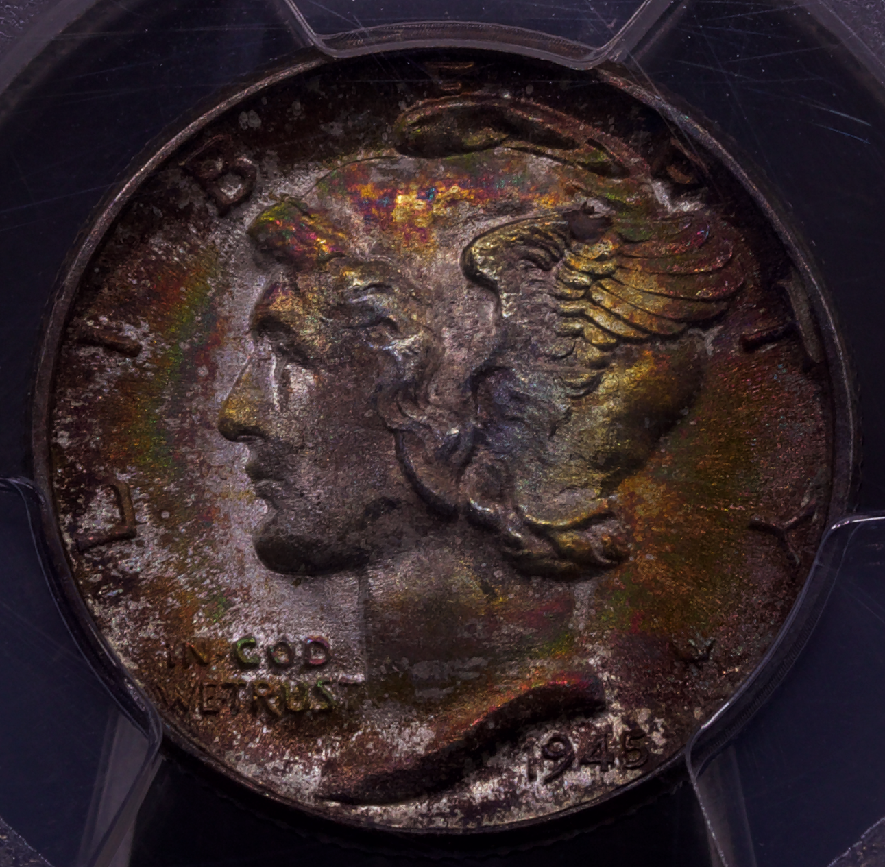 1945-D Mercury Dime PCGS MS67+ FB Full Bands Rainbow Toned Superb Gem Plus