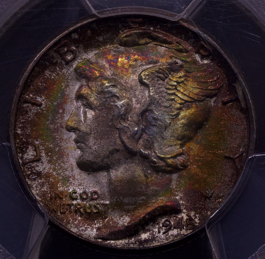 1945-D Mercury Dime PCGS MS67+ FB Full Bands Rainbow Toned Superb Gem Plus