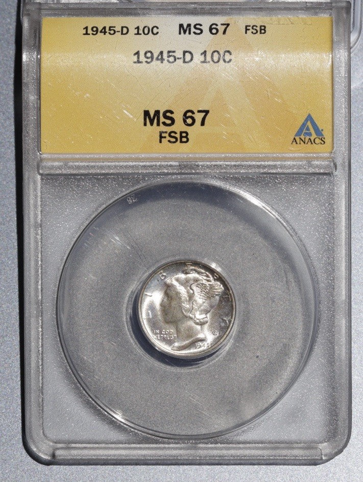 1945-D Mercury Dime ANACS MS 67 FSB • Final Year of Issue • Full Split Bands Gem