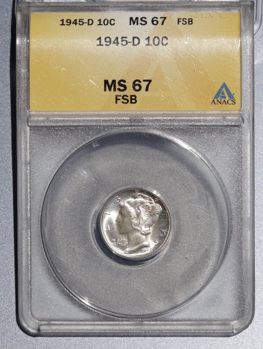 1945-D Mercury Dime ANACS MS 67 FSB • Final Year of Issue • Full Split Bands Gem