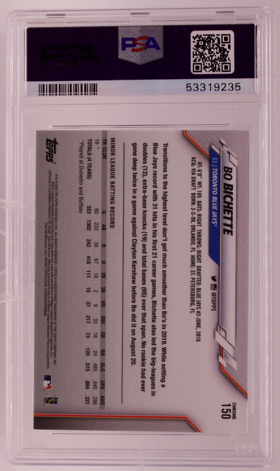 2020 Topps Chrome Bo Bichette RC #150 PSA 10 GEM MINT Toronto Blue Jays