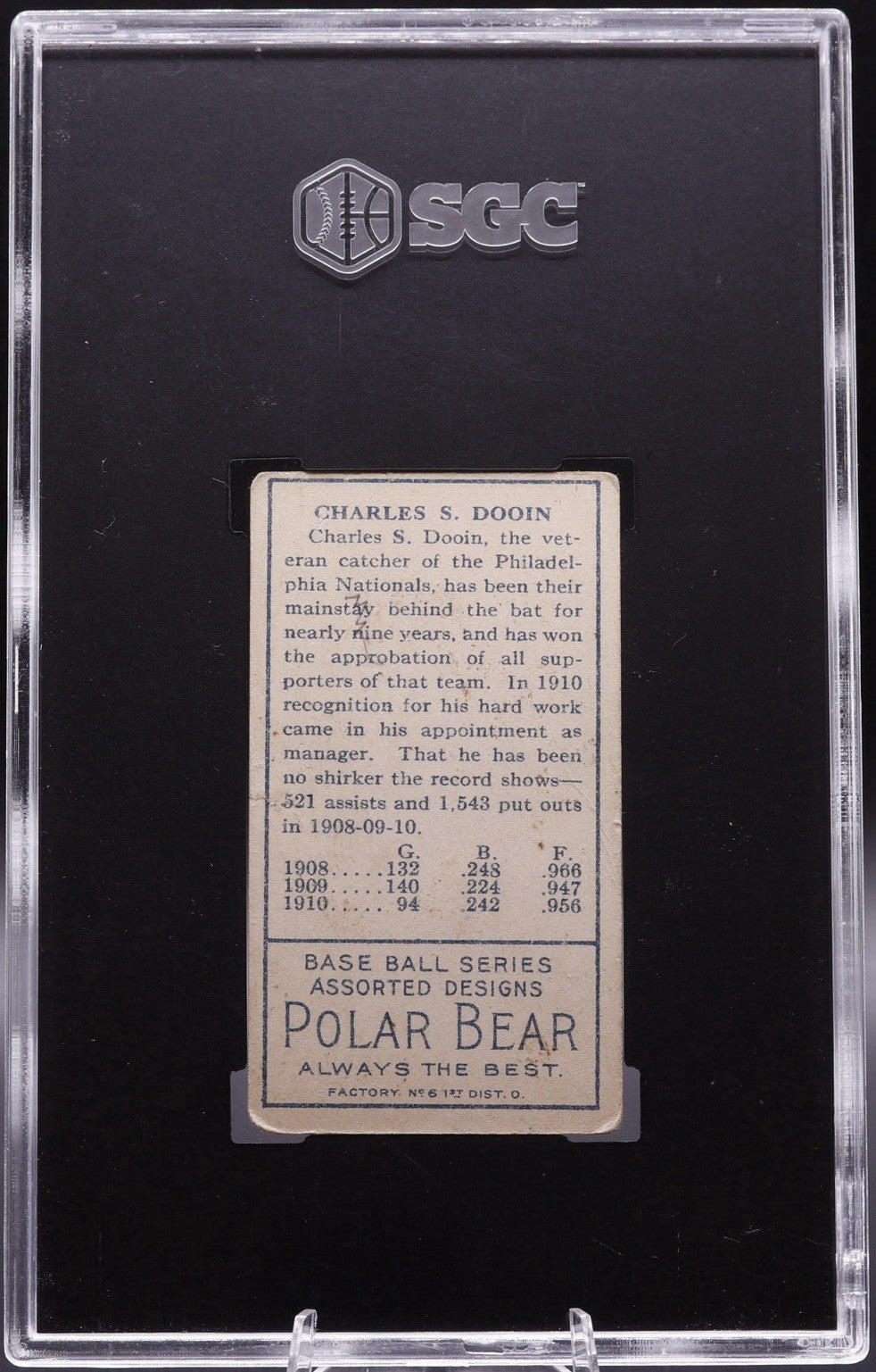 1911 T205 Charles Dooin Gold Border Polar Bear Back SGC 2 Phillies Vintage