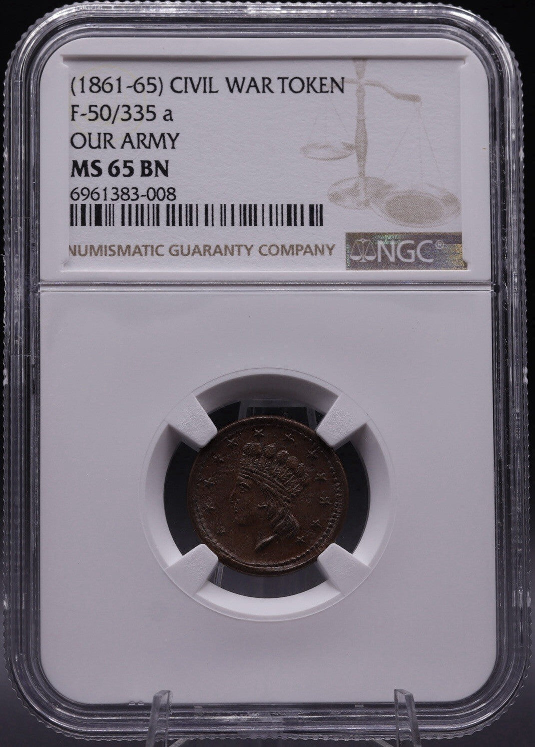 1861 - 1865 Civil War Token “OUR ARMY” F-50/335a NGC MS 65 BN