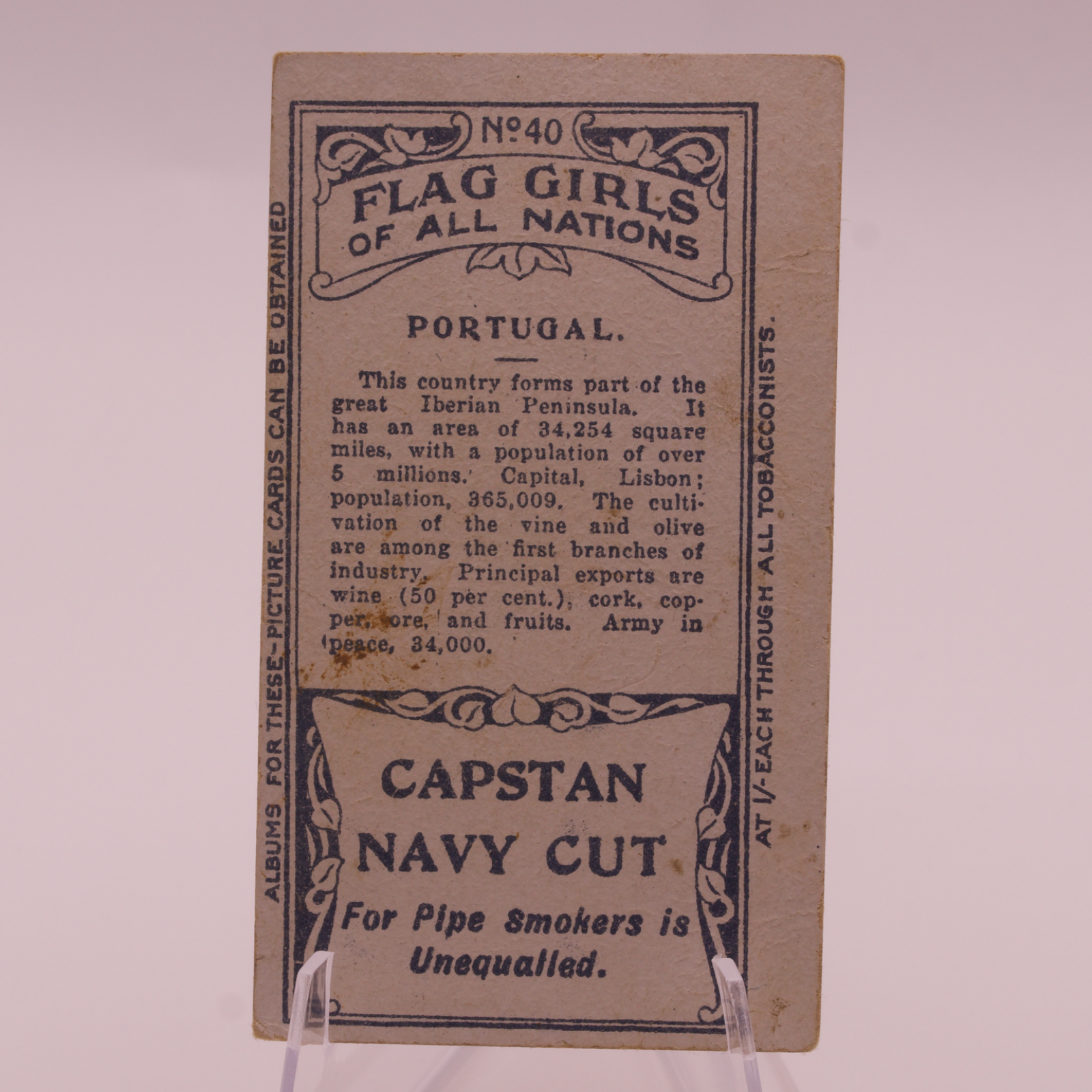 1908 Wills Flag Girls of All Nations #40 PORTUGAL Capstan Navy Cut Tobacco Card