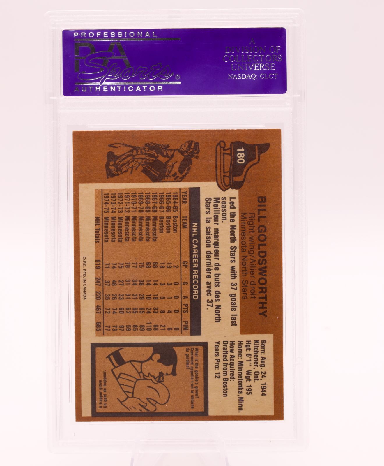 1975 O-Pee-Chee #180 Bill Goldsworthy PSA 8 NM-MT Minnesota North Stars Hockey