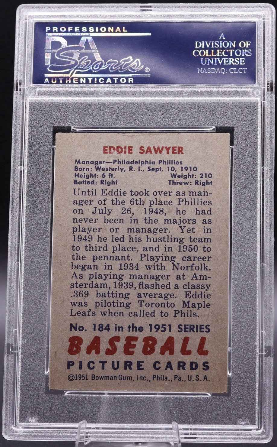 1951 Bowman Eddie Sawyer #184 PSA NM 7 Phillies Manager Vintage Baseball