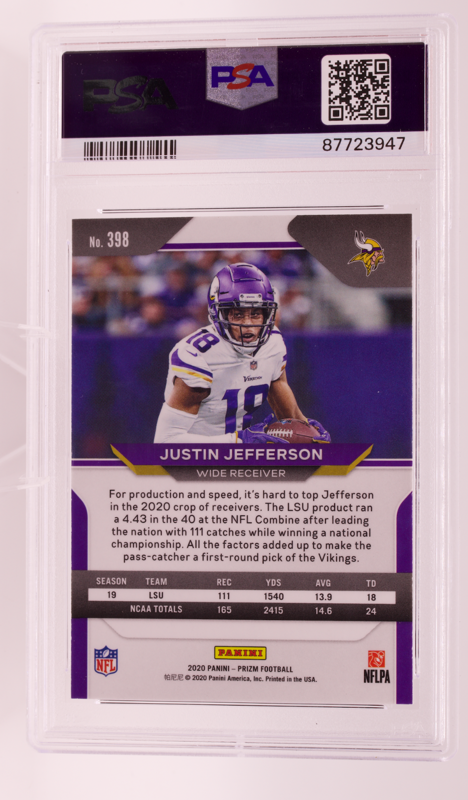 2020 Panini Prizm #398 Justin Jefferson Rookie RC PSA 10 Minnesota Vikings WR