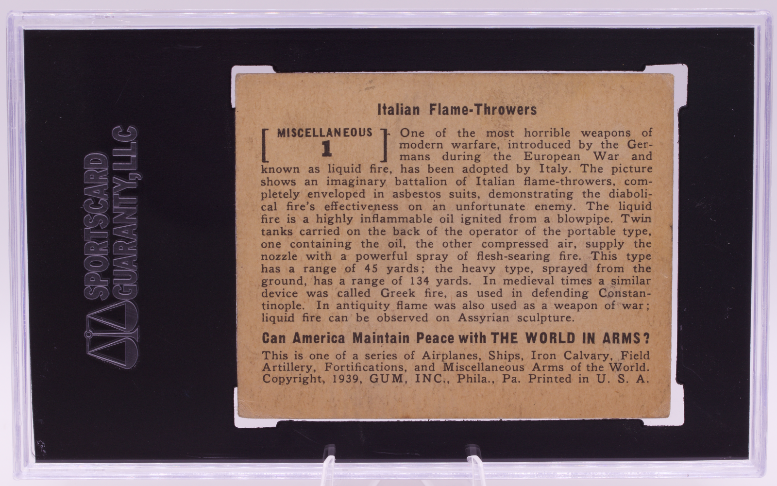 1939 Gum Inc World In Arms #1 Italian Flame Thrower SGC 3.5 VG+ Pre-War WWII