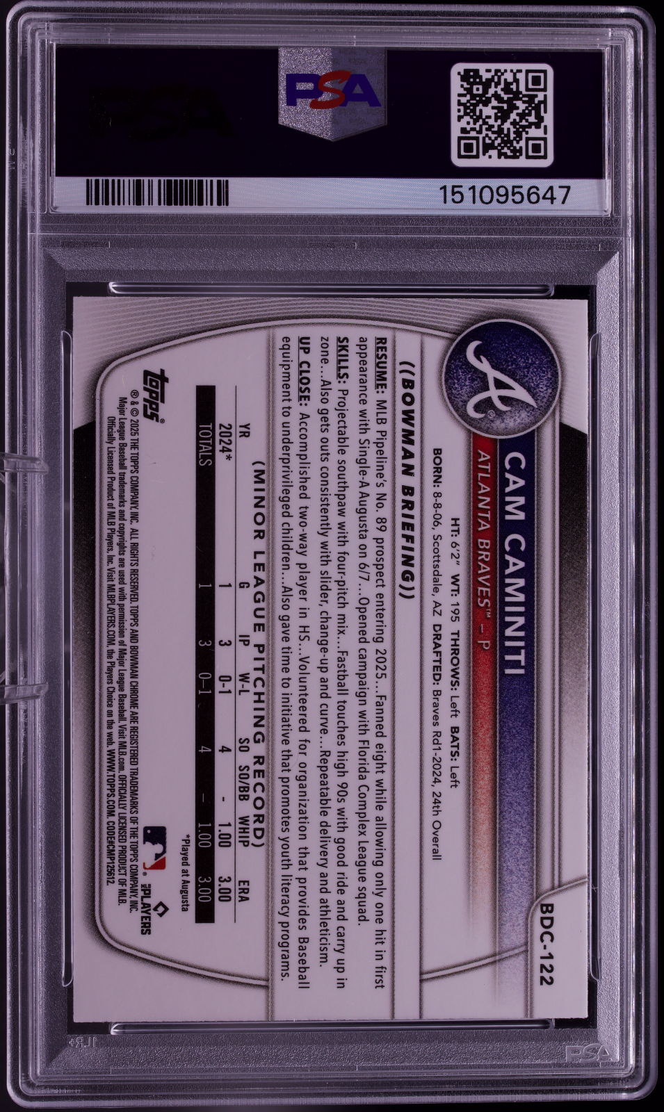 2025 Bowman Draft Chrome Cam Caminiti Green Grass Refractor PSA 9 /99 Braves