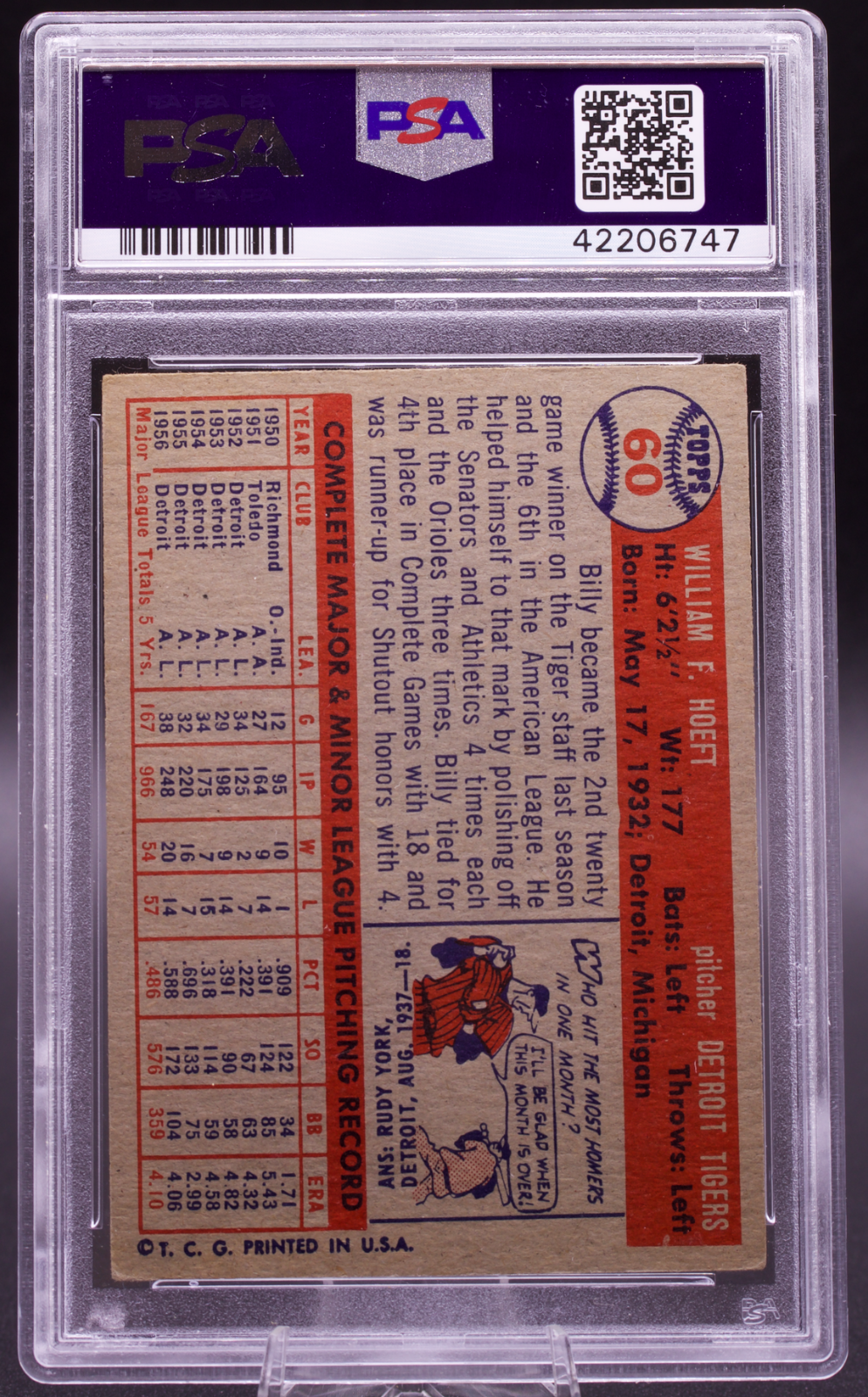 1957 Topps Billy Hoeft #60 PSA Authentic Auto Signed Detroit Tigers Vintage