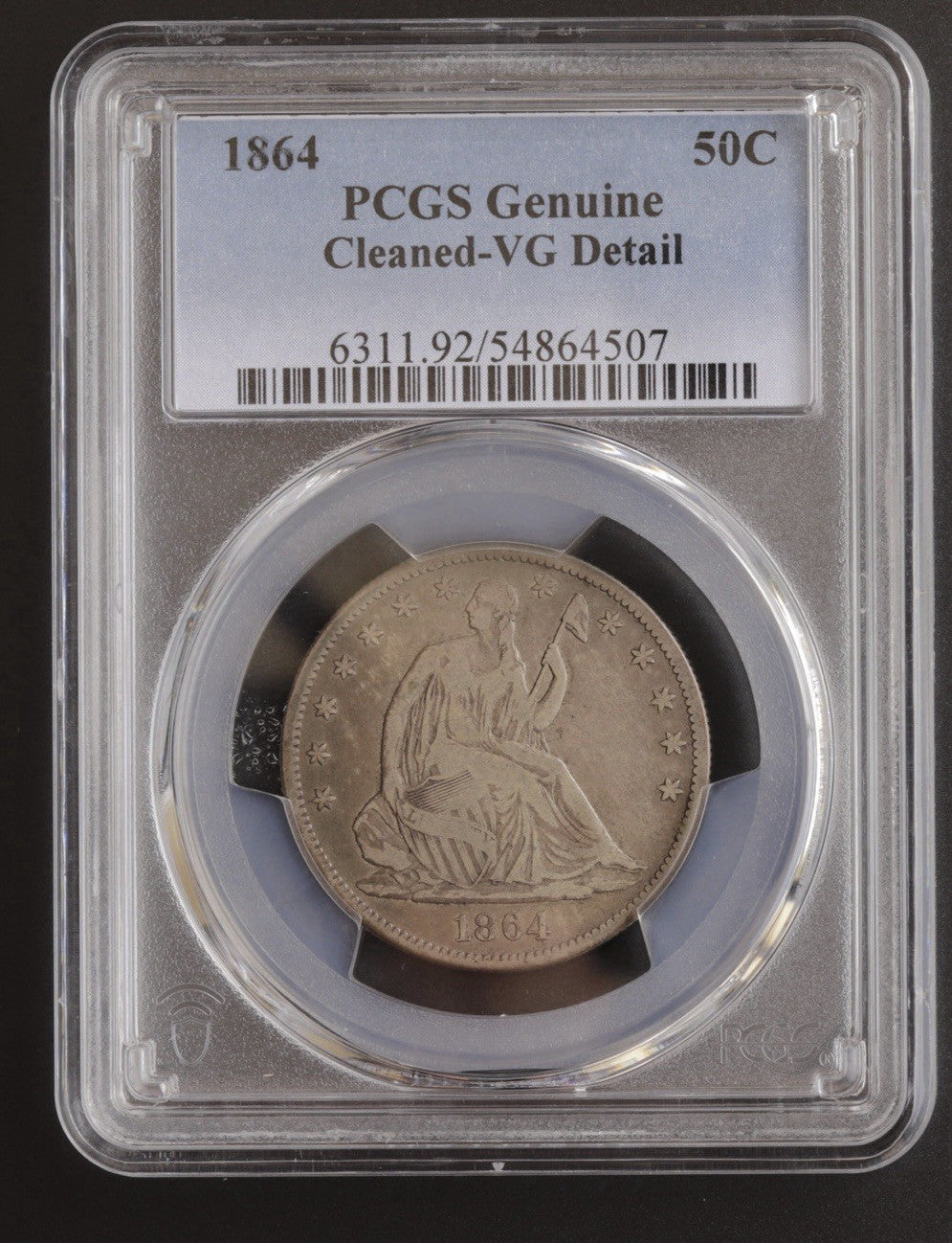 1864 Seated Liberty Half Dollar PCGS Genuine • Civil War Date VG Detail Cleaned