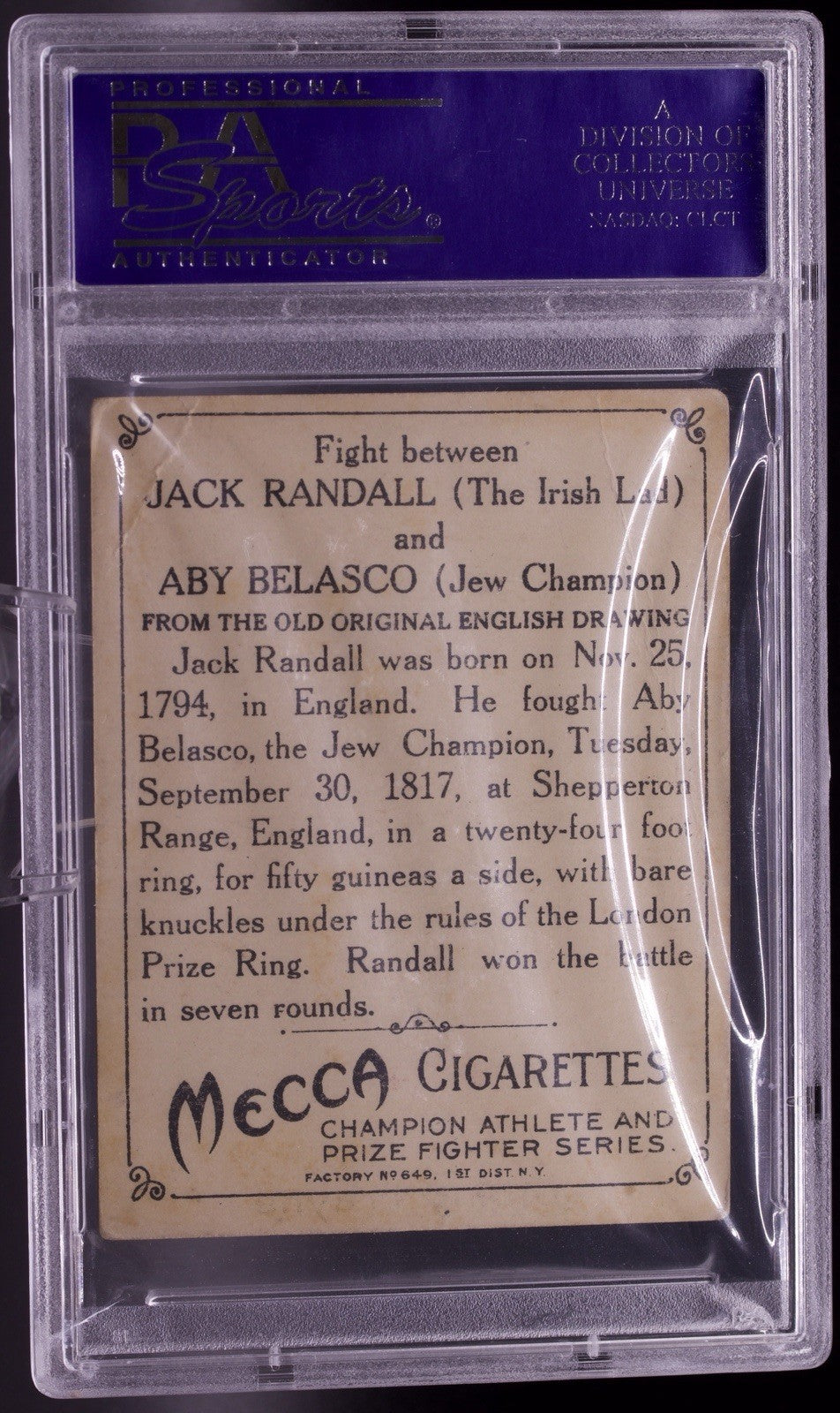 1910 T220 Mecca Silver Border RANDALL & BELASCO Boxing Fight PSA 3 VG - RARE
