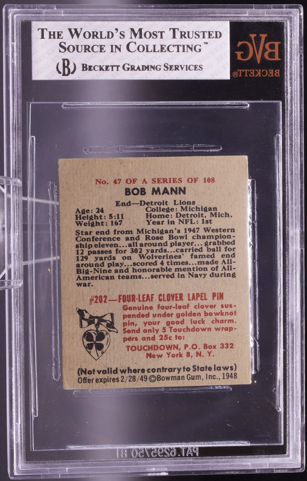 1948 Bowman Football #47 Bob Mann Rookie RC BVG 2.5 G-VG Lions NFL Pioneer
