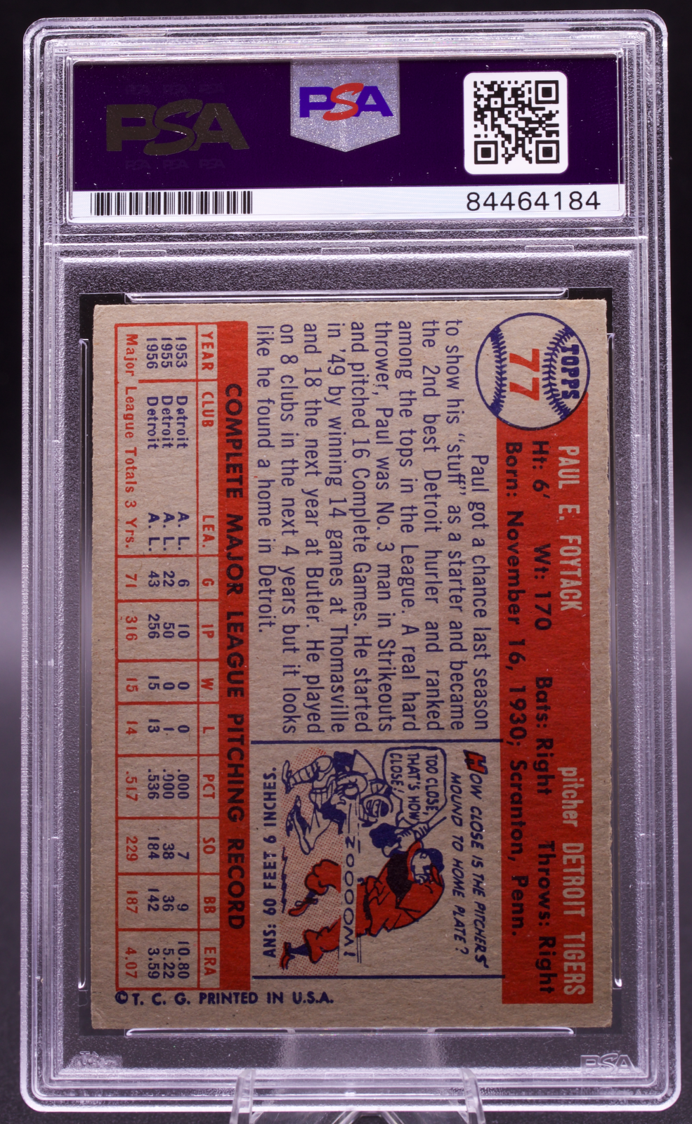 1957 Topps Paul Foytack #77 PSA Authentic Auto Signed Detroit Tigers Vintage