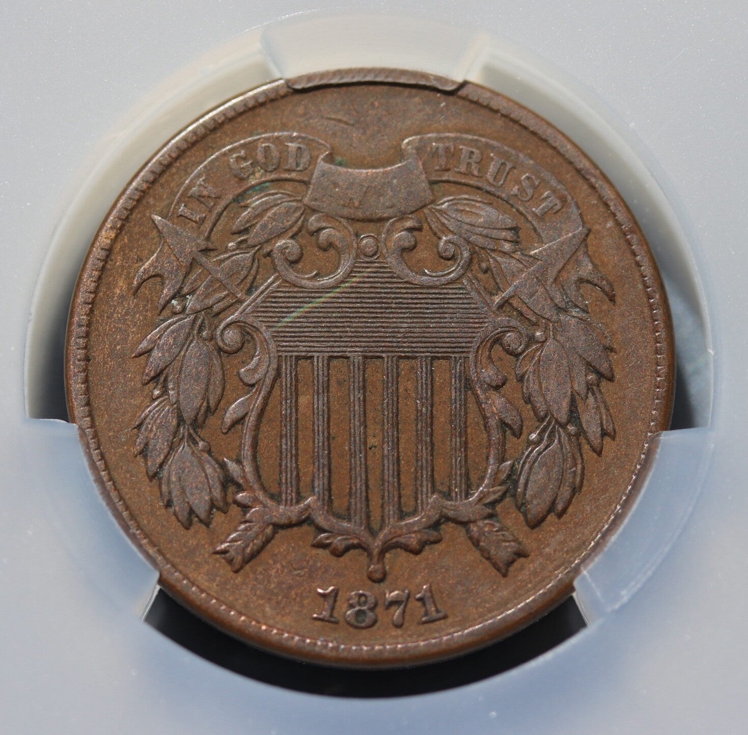 1871 2C Two-Cent Piece CAC VF30 Key Date Low Mintage Copper Coin