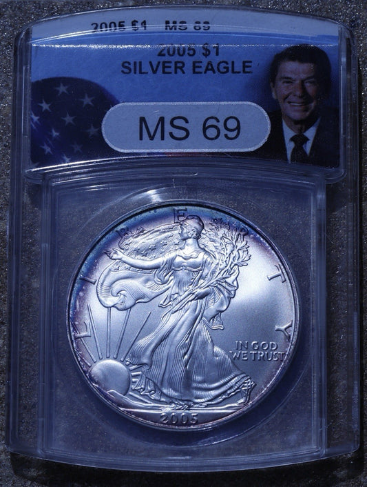 2005 Silver Eagle $1 ANACS MS69 • Reagan Label • Vibrant Edge Toning