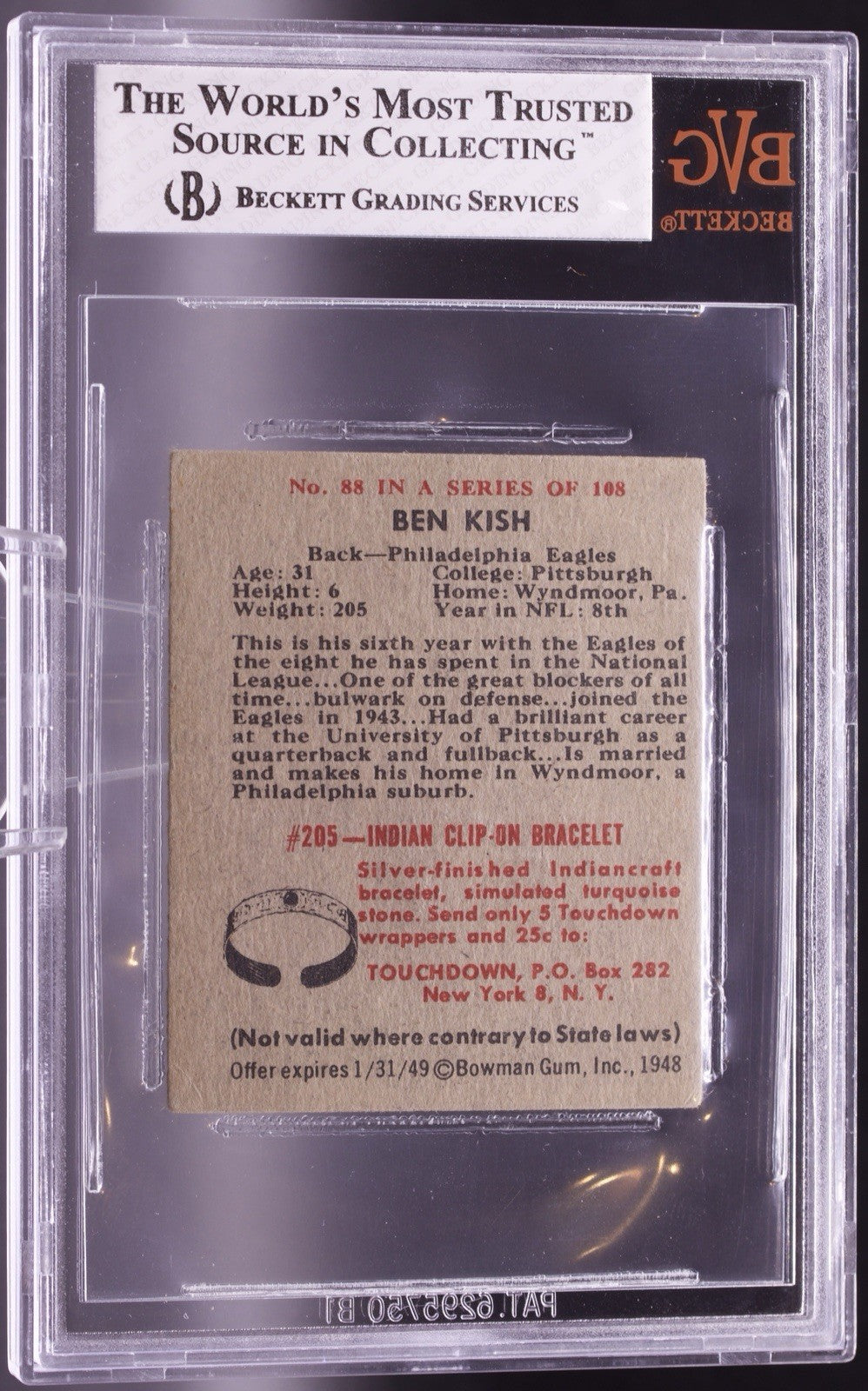 1948 Bowman #88 Ben Kish Eagles BVG 3.5 Very Good+ Football Card
