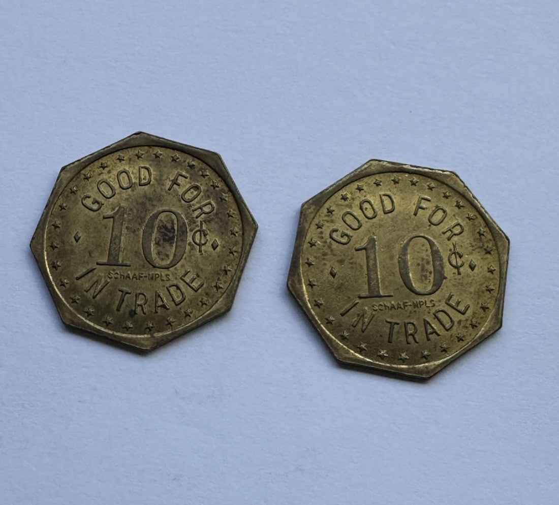 2x Paul’s Place Lake Benton MN 10¢ Octagon Trade Token Vintage Brass Bar Coin